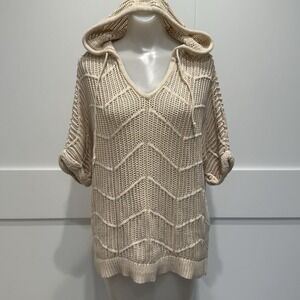 Natural Reflections Cotton Hooded Sweater Small Beige Chevron Knit Boho Coastal